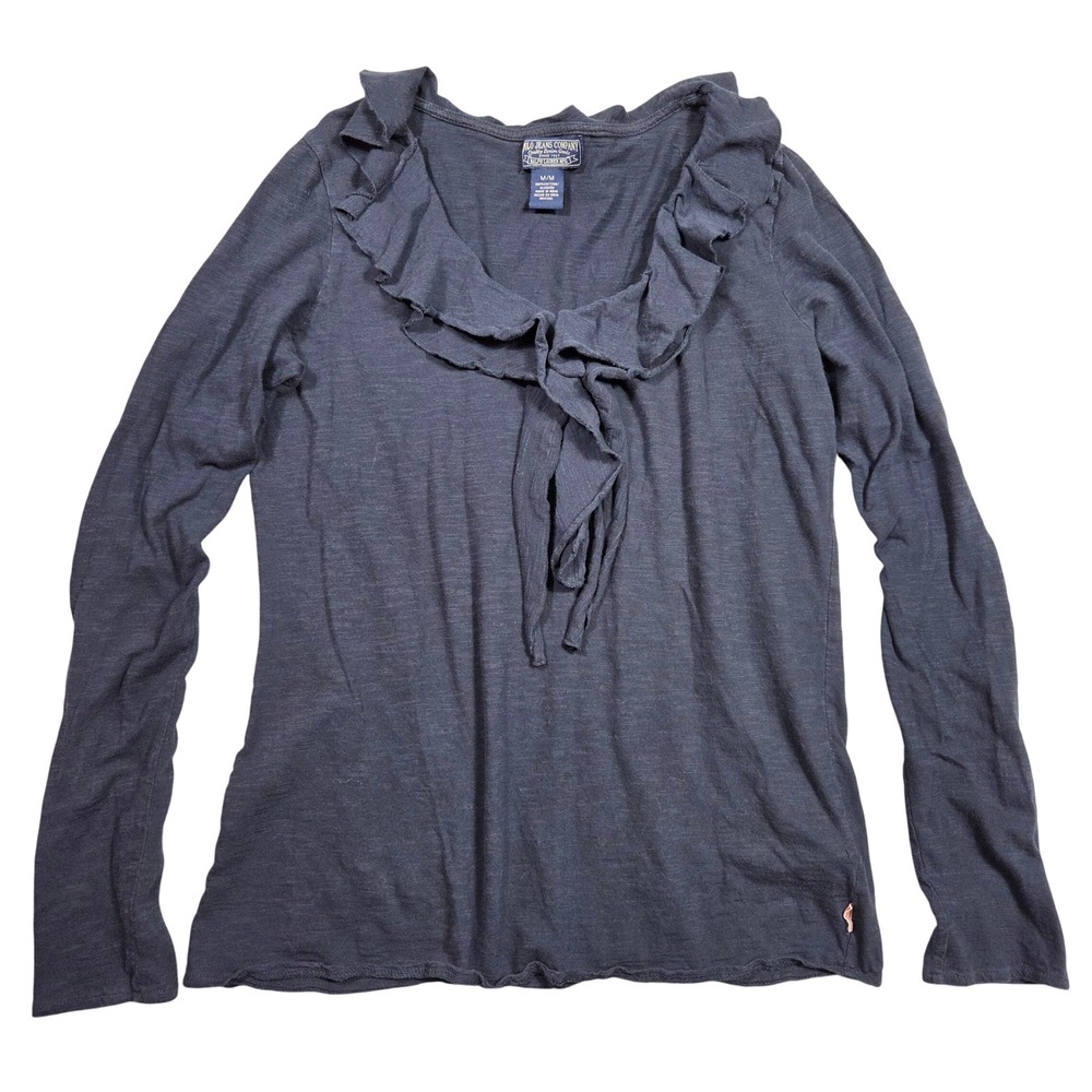 Polo Jeans Company Ralph Lauren Navy Blue Ruffle Neck Long Sleeve Top M Preppy